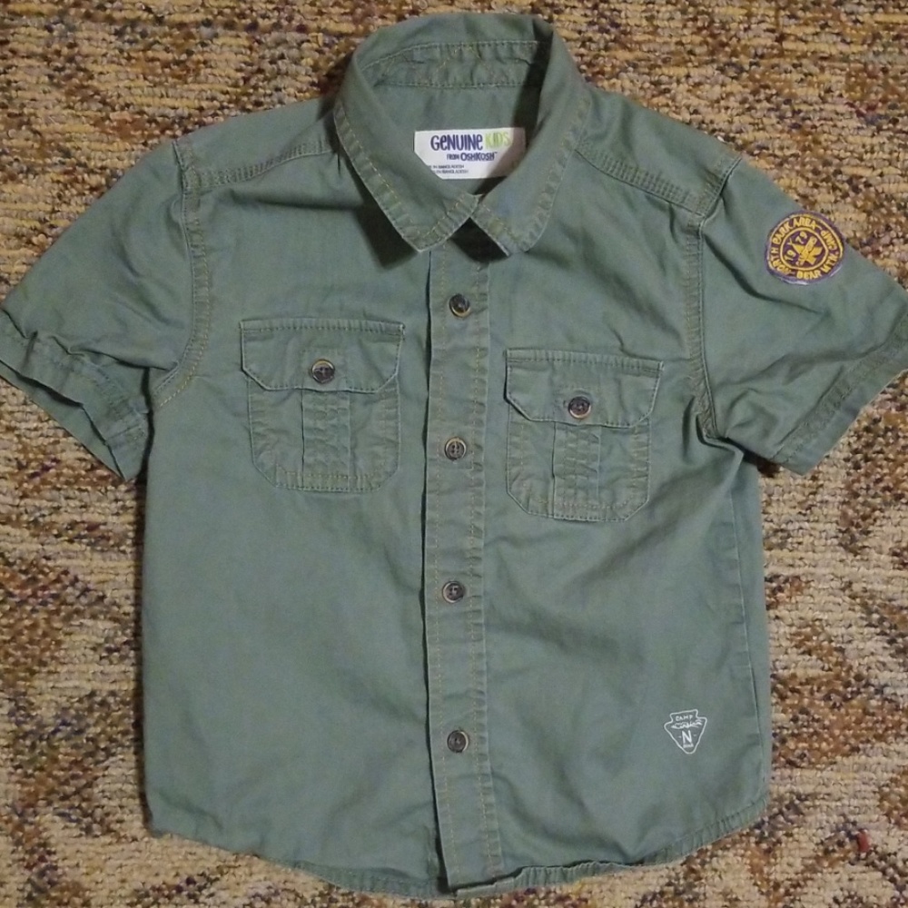 Adorable army green boys patched button down